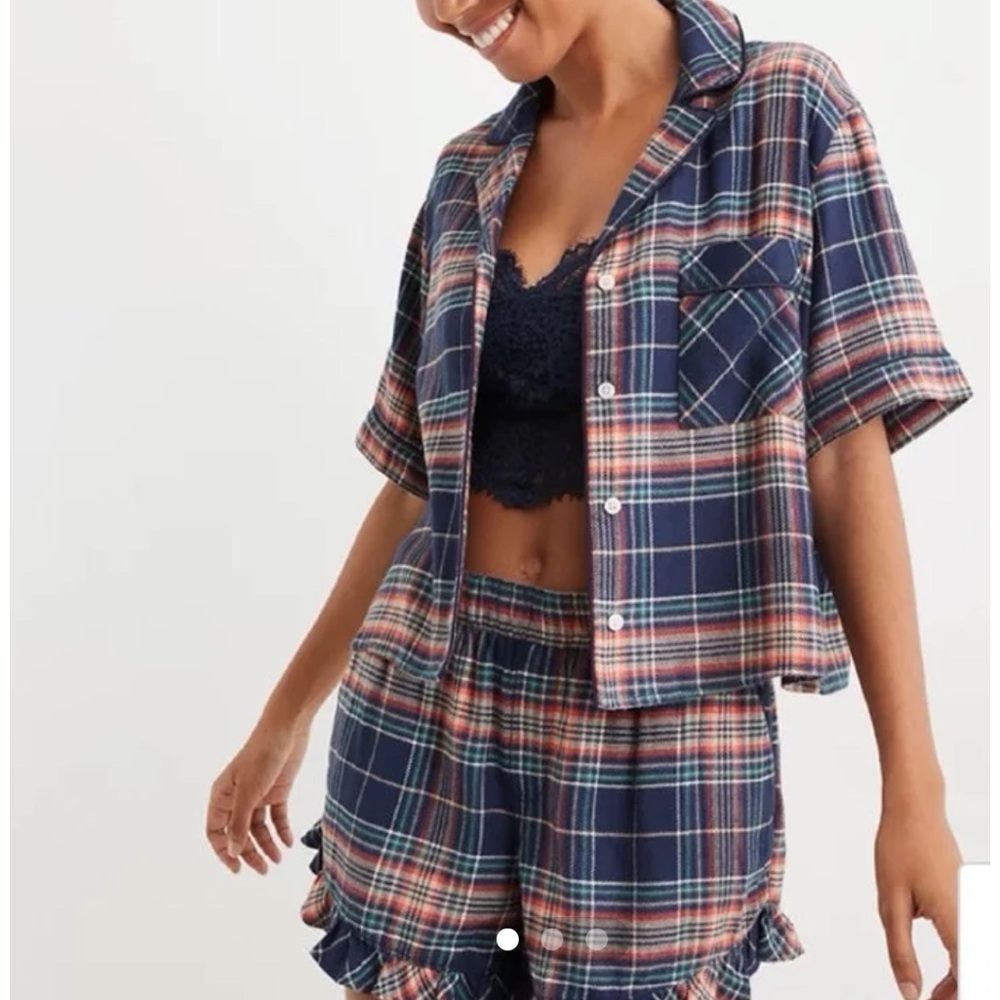 Aerie Women's Blue/Orange Plaid Flannel Shorts Pj Set Size L
